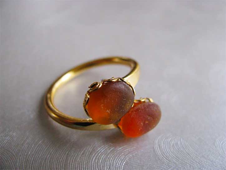Amber sea glass ring